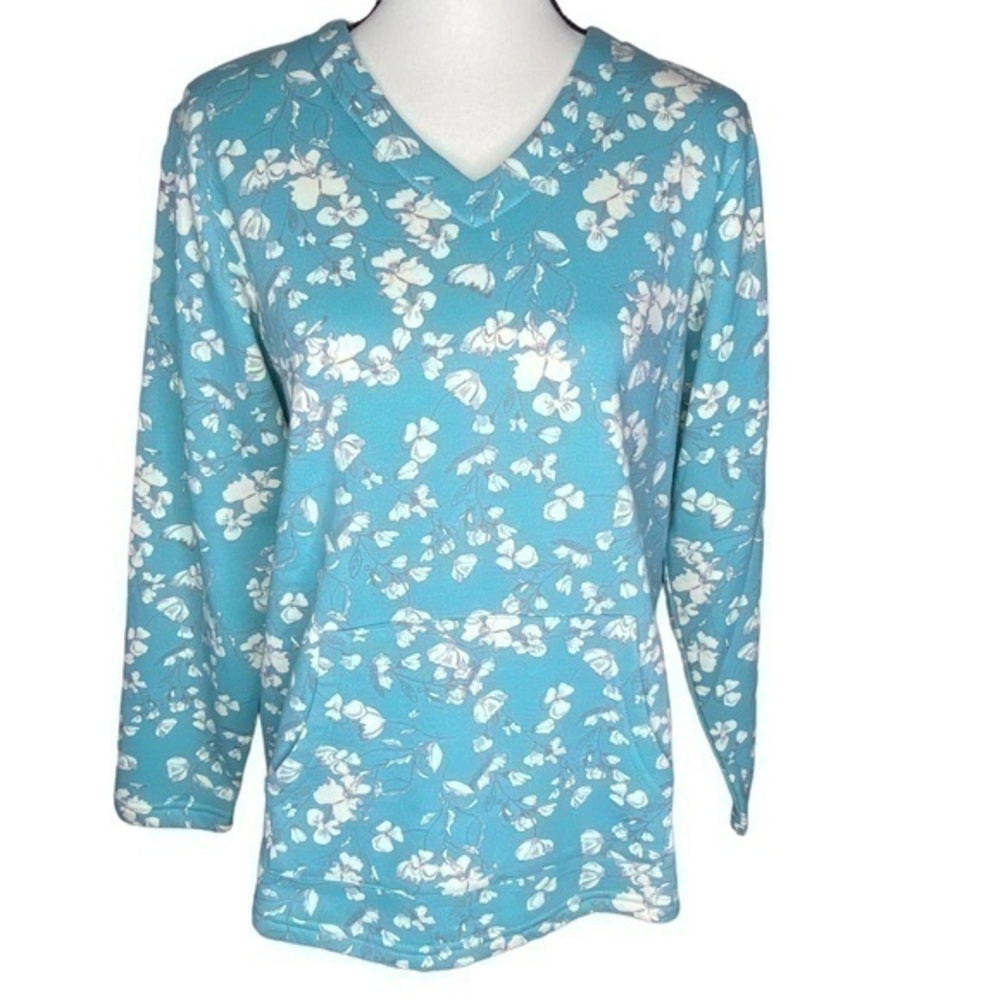 Blair Top Robin Egg Blue and Cream Floral Print V Neck Sweatshirt Size Small